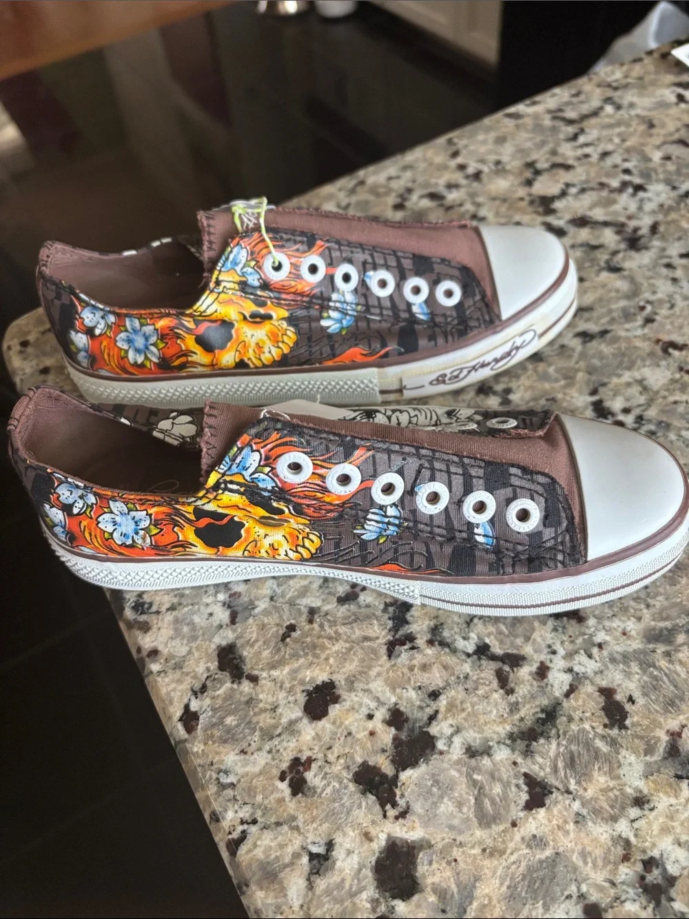 Ed Hardy Brown Slip-On Sneakers with Orange and Blue Skull Art